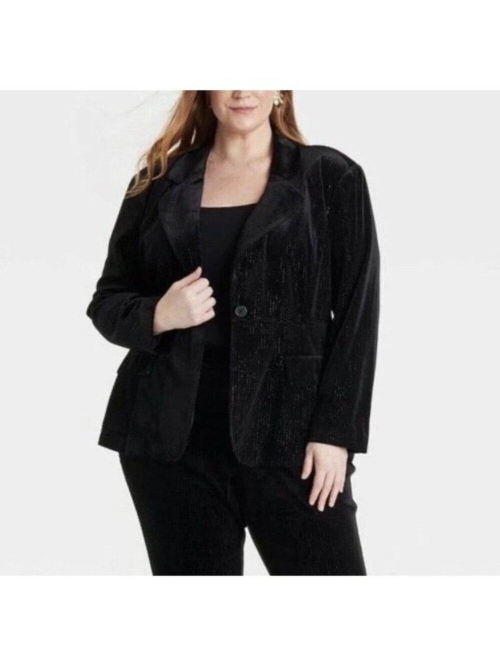 NWT Ava & Viv Women’s 1X Velvet Blazer Metallic Black Pinstripe J1836